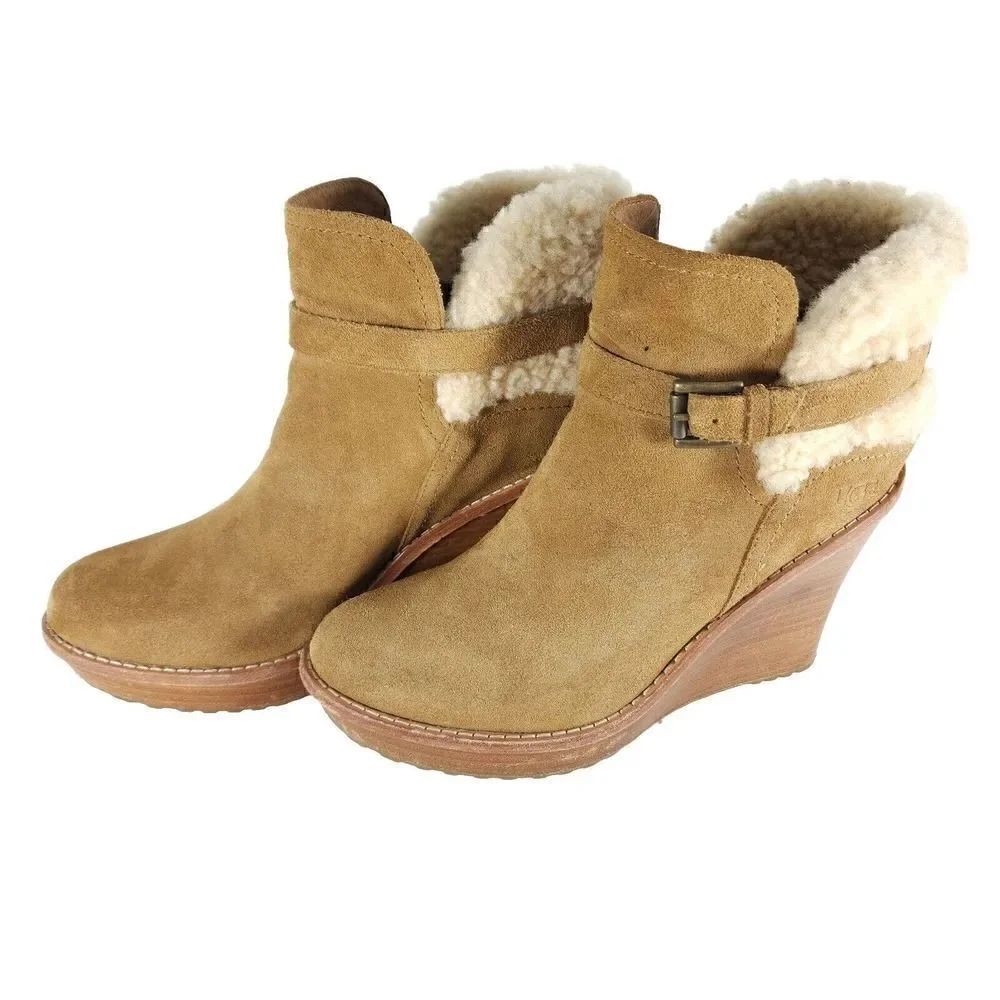 UGG Women's Anais US9 Chestnut Suede Sheepskin Wedge Shearling Boots Booties